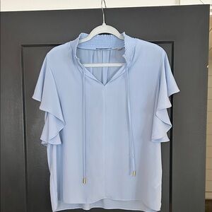T Tahari Soft Blue Ruffle Sleeve Blouse